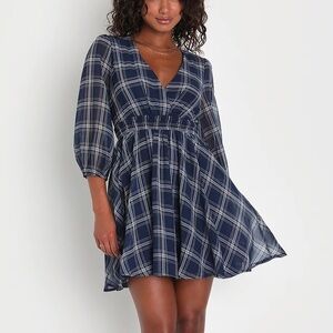 Lulu’s NWT Timeless Affection Navy Blue Plaid Skater Mini Dress